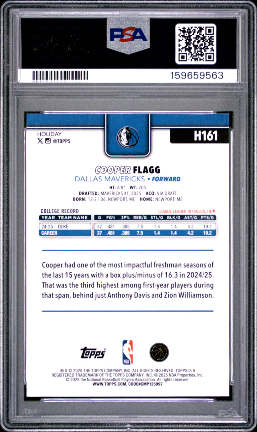 2025 Topps Holiday #H161 Cooper Flagg ROOKIE PSA 9 MINT