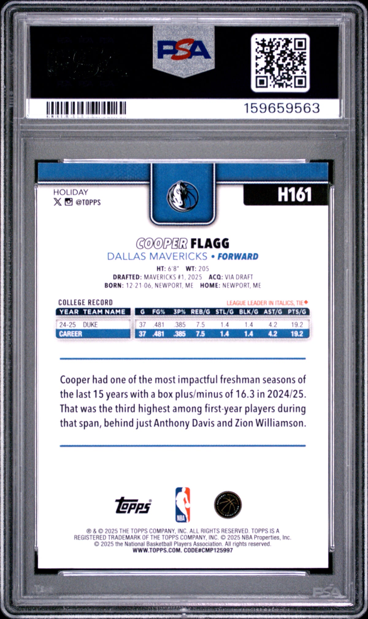 2025 Topps Holiday #H161 Cooper Flagg ROOKIE PSA 9 MINT