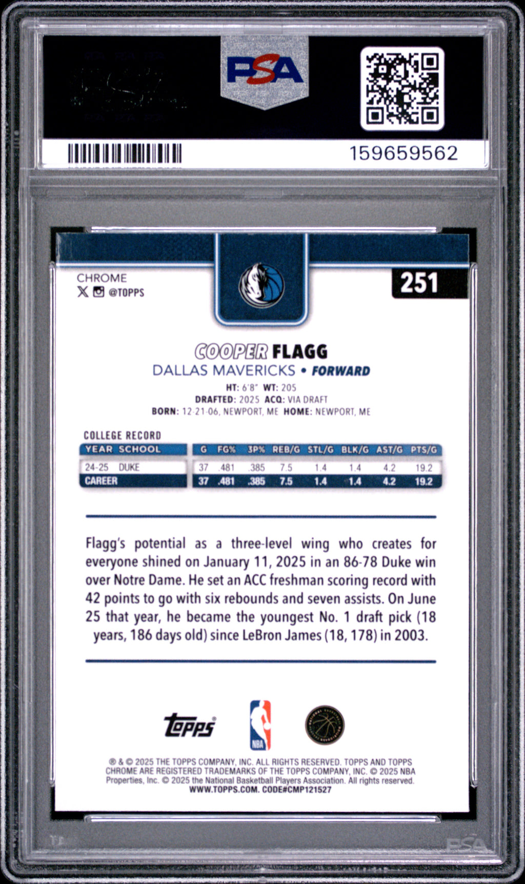 2025 Topps Chrome #251 Cooper Flagg ROOKIE PSA 9 MINT