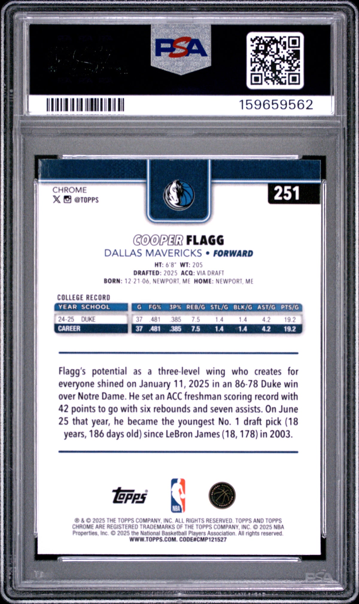 2025 Topps Chrome #251 Cooper Flagg ROOKIE PSA 9 MINT