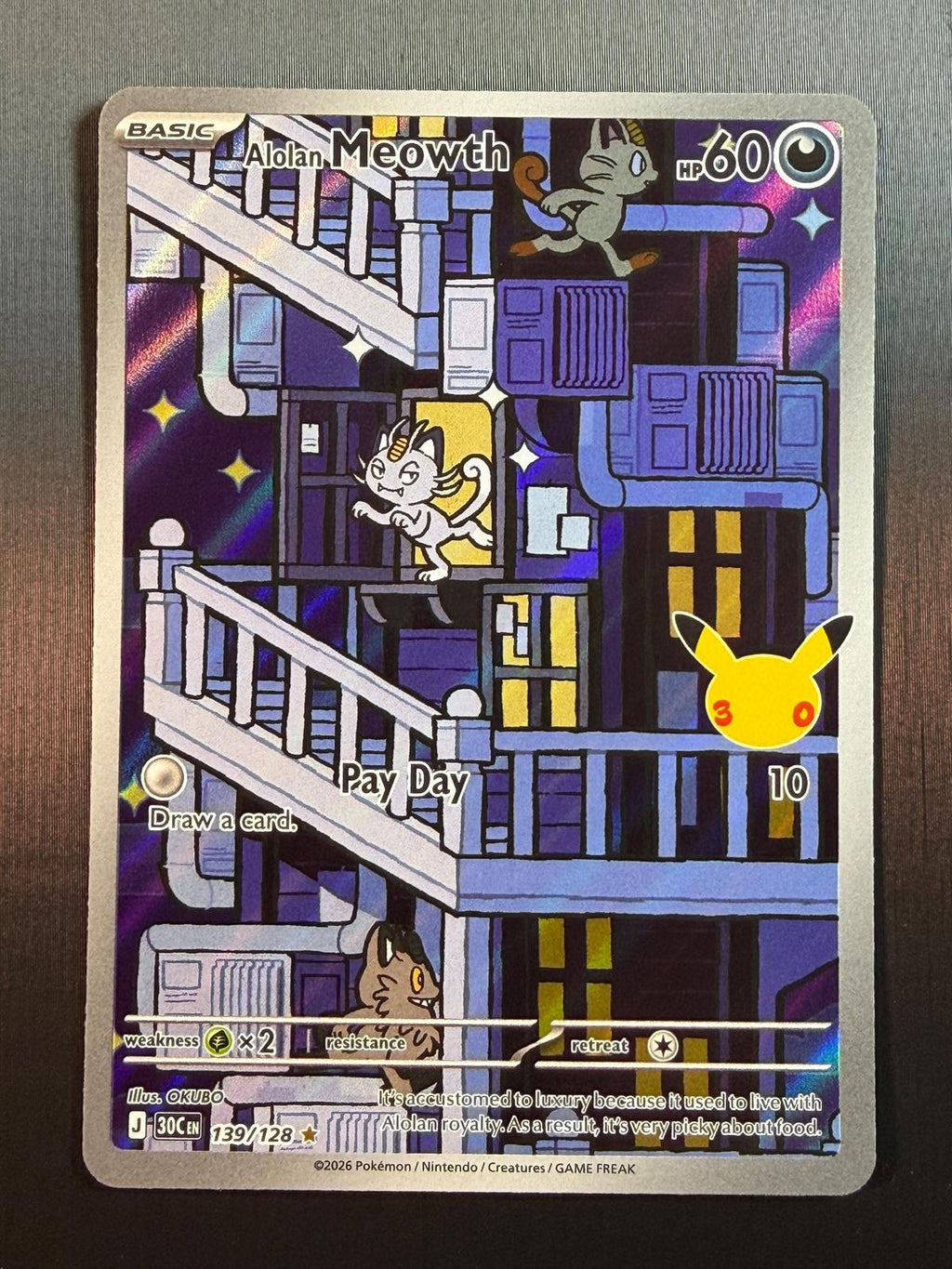 Pokemon ME: 30th Celebration #139/128 Alolan Meowth Illustration RareNM/MT